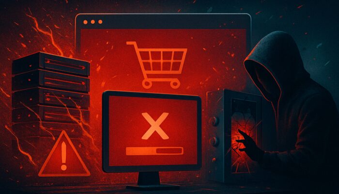 Chaotic e-commerce site: overloaded servers, slow loading pages, red error screens, and breached firewalls.