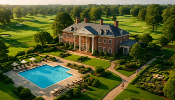 Aerial view of Darnall Country Club: Georgian clubhouse, emerald greens, sparkling pools, and strolling members.