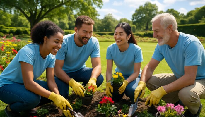 Diverse volunteers planting flowers in a sunny Darnall Country Club garden, sharing smiles.