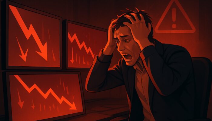 A frantic trader watches plummeting crypto charts on multiple screens with flashing red liquidation warnings.