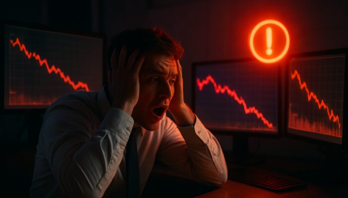 A frantic trader in a dimly lit office, staring at crashing stock graphs and flashing red margin call alerts.
