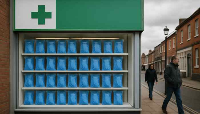 Sterile blue medical gloves displayed in a pharmacy window in Burton upon Trent.