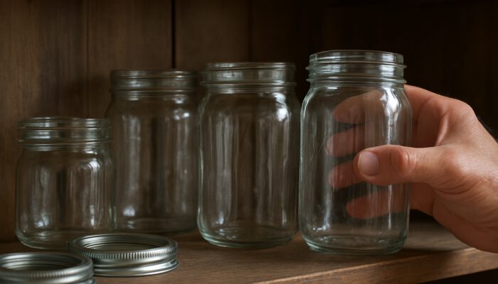 Row of glass canning jars in various sizes, inspected for cracks, with new metal lids on a wooden shelf.