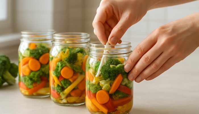 Hands packing colorful vegetables into glass jars, removing air pockets with tool.