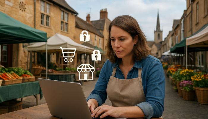 Small business owner in Newent configuring WooCommerce dashboard on laptop amid market stalls and e-commerce icons.