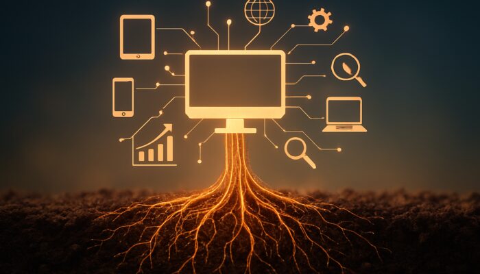 Digital foundation emerging from soil, with code roots branching to interconnected devices symbolising SEO growth.