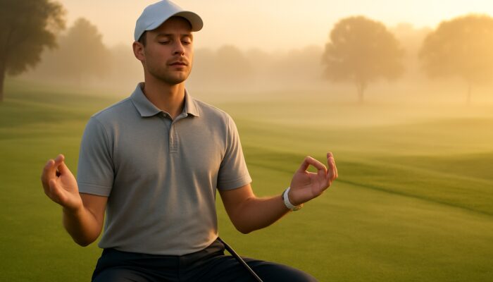 Serene golfer meditating on misty dawn golf course during tournament.