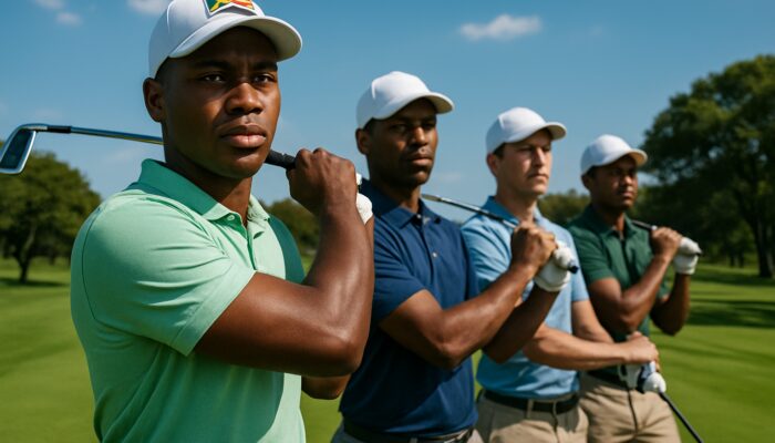 Group of focused South African golfers practicing on Pretoria's lush course under a blue sky.