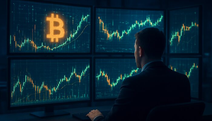 Trader analysing cryptocurrency charts on multiple screens during backtesting simulation.