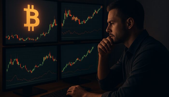 Focused trader analysing Bitcoin candlestick charts and backtesting graphs on multiple screens.