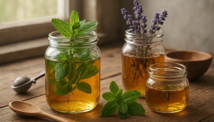 Rustic wooden table with fresh mint and lavender steeping in golden syrup jars, surrounded by kitchen tools.