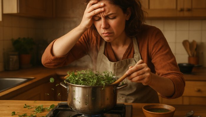 Frustrated herbalist stirring overheating pot of green herbs, with spilling leaves and unstrained syrup nearby.