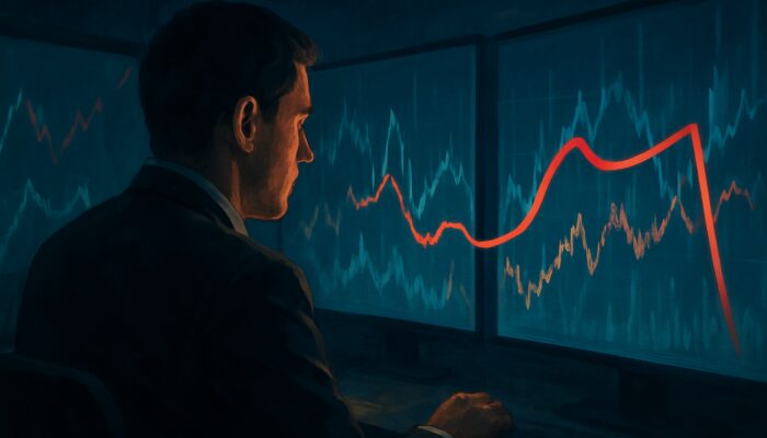 Focused trader monitoring stock charts in dimly lit room with protective trailing red line.