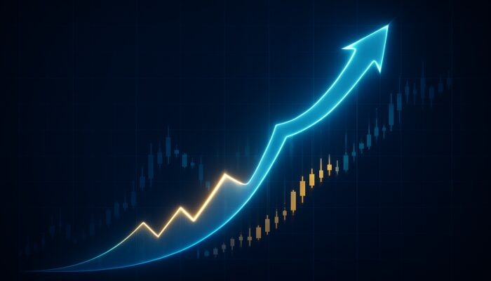 Dynamic stock chart showing a glowing trailing stop loss ascending with rising prices and locking during declines.