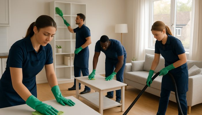 Professional cleaners in uniforms tidying a sunlit UK apartment with eco-friendly tools.
