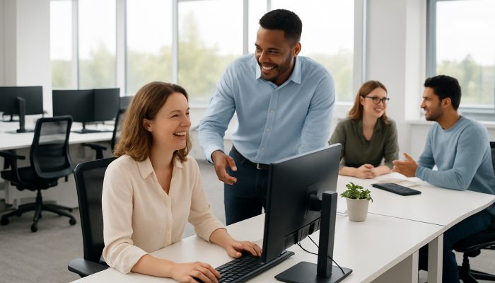 A modern Ilchester office with spotless desks, ergonomic workstations, and happy employees collaborating.
