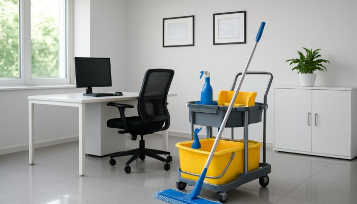 A clean Ilchester office featuring gleaming surfaces and framed certificates from the British Institute of Cleaning Science.