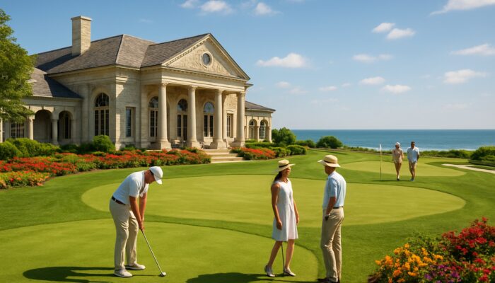 Margate Country Club: Manicured golf greens, elegant stone clubhouse, and affluent guests under sunny skies.