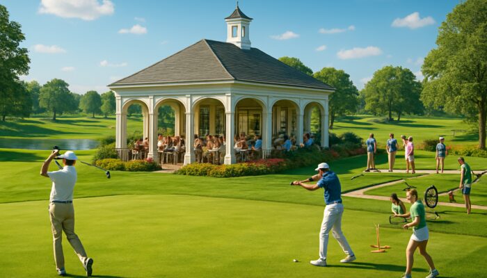 Vibrant country club scene: golfers swinging on manicured course, members dining in pavilion, and recreational games under sunny sky.