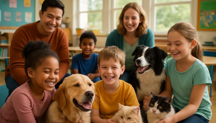 Children and teachers petting therapy dogs and cats in a cheerful classroom for emotional support.