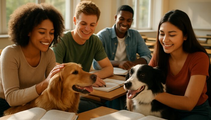 Diverse students smiling while petting therapy dogs and studying in a bright classroom.
