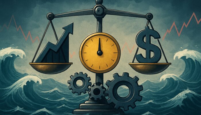Financial scale balancing Calmar Ratio amid stock market waves and gears adjusting for volatility and risk.