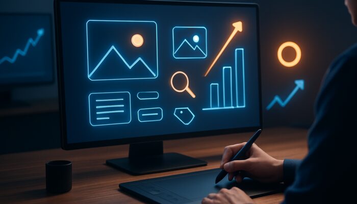 Designer optimising images with alt text, SEO tags, and icons, amid glowing Google search graphs and rising arrows.