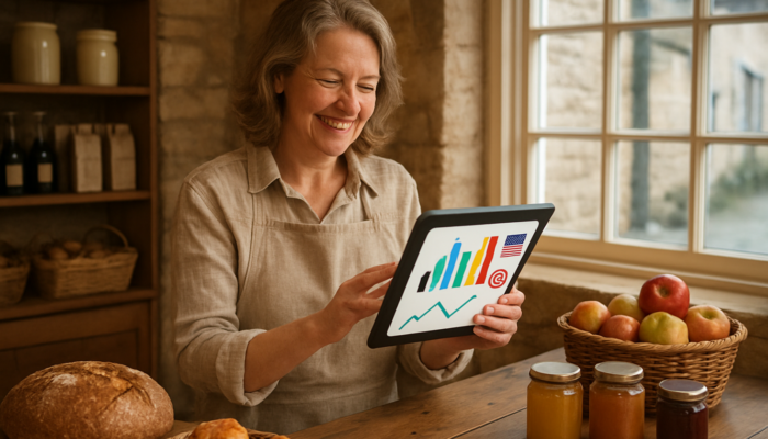 Smiling Painswick shop owner views tablet with Facebook, Instagram analytics and rising e-commerce graphs.