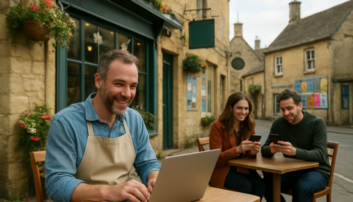 Cheerful café owner in Painswick typing emails on laptop, customers smiling at smartphones amid colorful shop signs.