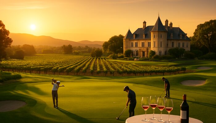 Sunset at Devonvale Golf & Wine Estate: golfers on greens, lush vineyards, and elegant wine table.