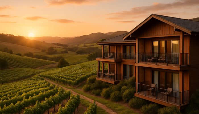 Serene Cape vineyard lodge with modern suites and private balconies overlooking sunset hills.