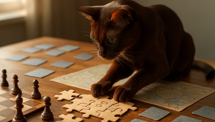 Havana Brown cat solving puzzle with chess pieces and maps on sunlit table.