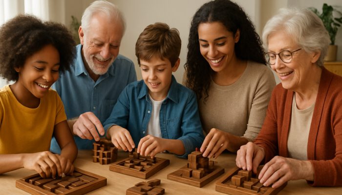 Diverse group of all ages solving Havana Brown puzzles with focused, joyful expressions in a bright space.