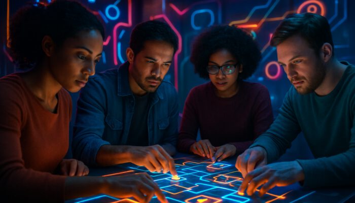Diverse players solving glowing puzzles in a futuristic Havana Brown intelligence game environment.