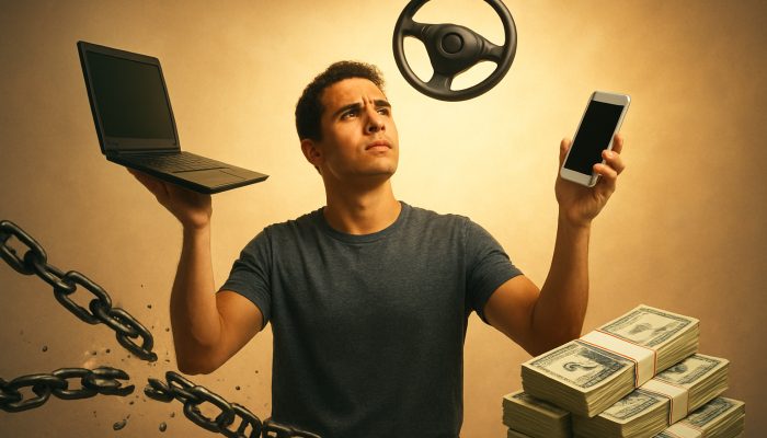 Side Income Ideas To Help Clear Debts: Effective Strategies | DCL Determined person juggling side hustles to break debt chains and build cash stacks.