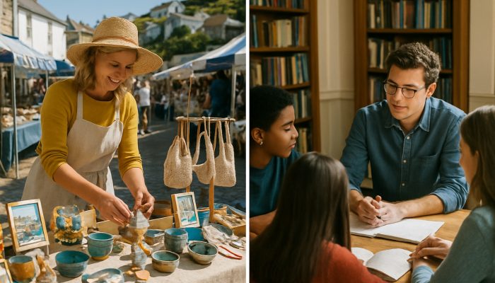Side Income Ideas To Help Clear Debts: Effective Strategies | DCL A craftsperson arranges handmade items at a bustling Cornwall market, while a student tutors GCSE pupils in a cozy Manchester room.