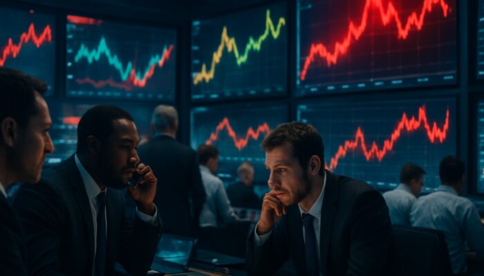 Busy trading floor with traders analyzing fluctuating stock graphs amid breaking news alerts.