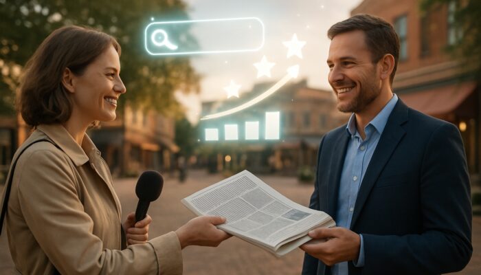 Journalist handing a newspaper to a smiling business owner in a town square, surrounded by glowing SEO icons