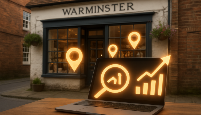 Historic Warminster storefront overlaid with SEO icons, location pins, and rising rankings on laptop