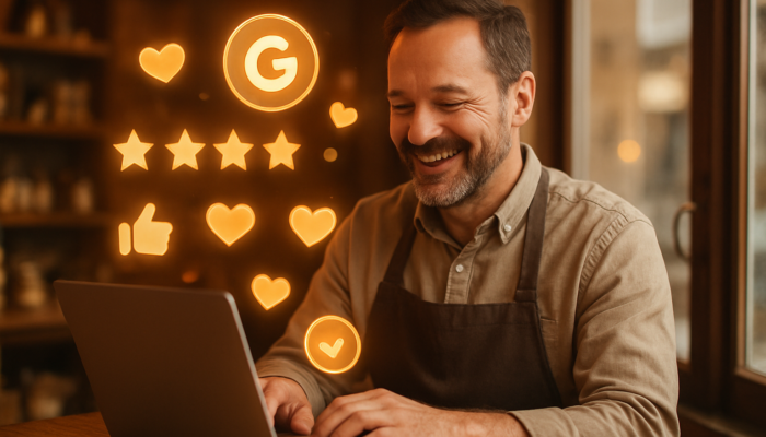 Warminster shop owner smiles at glowing five-star Google reviews on laptop amid floating icons in warm light.