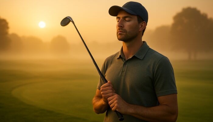 Focused golfer in calm concentration on misty dawn fairway, overcoming performance anxiety.
