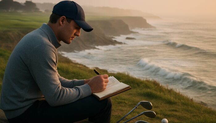 Golfer journaling emotions on cliffside bench overlooking misty ocean waves at coastal golf course
