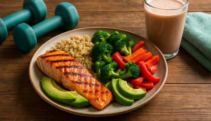 Healthy post-workout recovery meal with grilled salmon, quinoa, avocado, vegetables, protein shake and dumbbells.