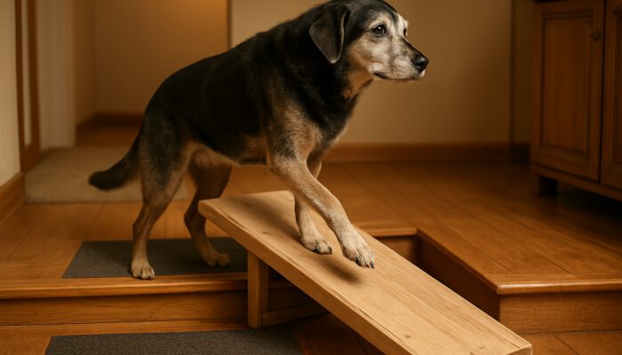 Senior dog with gray muzzle confidently climbing wooden ramp over steps in cozy home with non-slip mats