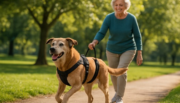 Senior dog in rear harness trots happily through sunny park with smiling owner