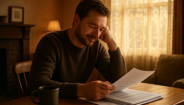 Person reviewing merged debt papers in cozy British living room, showing quiet relief and clarity.