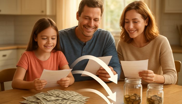 Family consolidating bills into one payment at sunlit kitchen table with savings jars