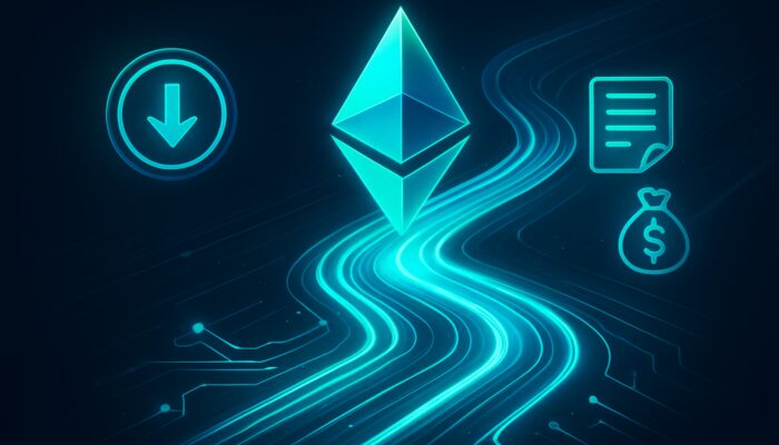Neon blue-green visualisation of plummeting Ethereum gas fees via optimised glowing blockchain pathways.