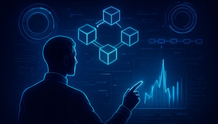 Futuristic analyst scans holographic blockchain charts for gas fee spikes amid neon cyber timelines