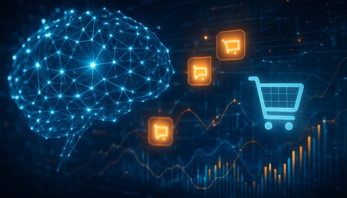 Futuristic AI neural network overlay on e-commerce dashboard with glowing price tags and sales graphs.